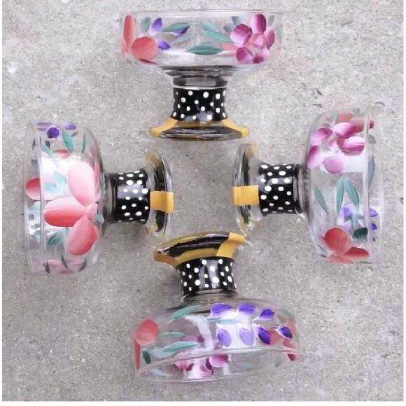 Whimsical Set of 4 Hand Painted Flowers Glass Dessert, Compote, Ice Cream Bowls - Picture 2 of 10